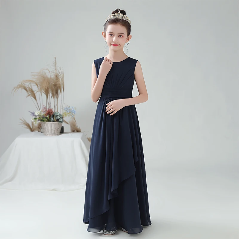 Dideyttawl Customized Navy Blue Chiffon Girls Formal Party Gowns Long Junior Bridesmaid Flower Girl Dresses For Wedding Evening