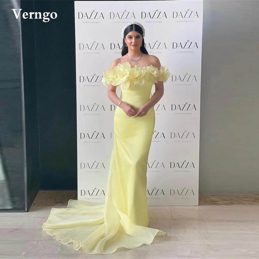 

Verngo Light Yellow Organza Long Evening Dresses Off the Shoulder Short Sleeves Sweep Train Prom Dress Women Formal Dress