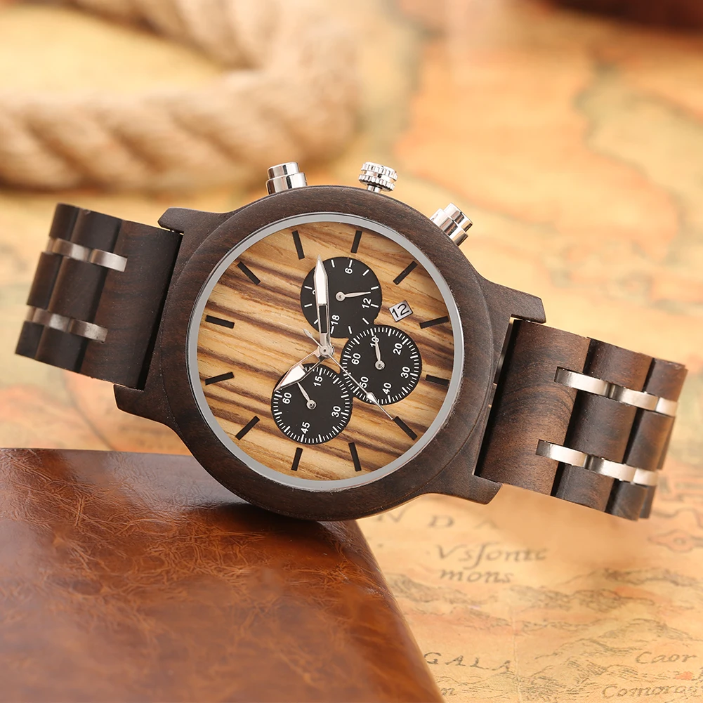 Chronograph Dial Quartz Men Watches Ebony Wood Stainless Steel Bracelet Male Wristwatch Business Auto-date Male Wooden Timepiece