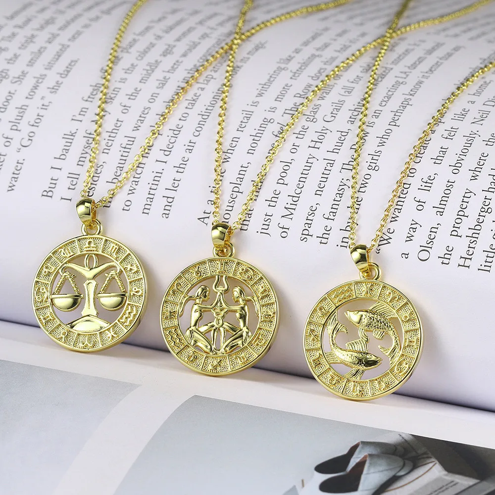 12 Zodiac Sign Necklace For Women Gold Coin Leo Capricorn Sagittarius Virgo Cancer Gemini Aries Aquarius Necklaces Disc BFF