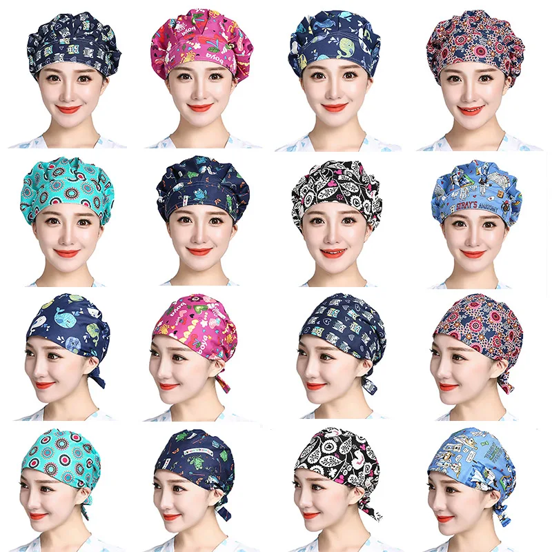 

Womens Scrub Hats Cartoon Flower Printed Cotton Washable Caps Adjustable Bouffant Head Cover Staff Work Wear Hats Accessories