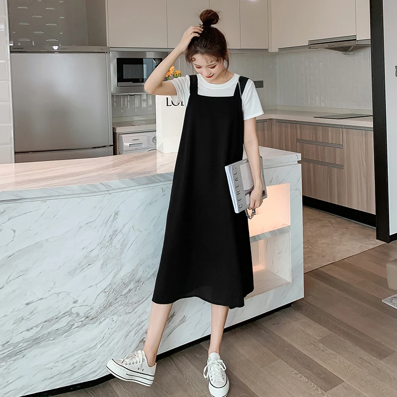 

2024 spring and summer pregnant woman dress suits short sleeve cotton tops+strap dress twinset maternity clothes set wholesale