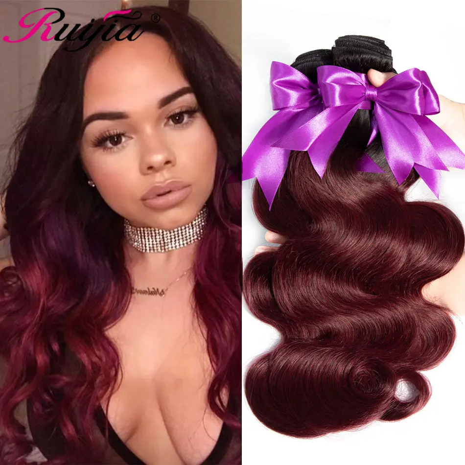 Ombre Body Wave Brazilian Bundles T1B Burgundy Colored Human Hair 3 4 Bundles Red Ombre Hair Bundles Brazilian Color Hair Weave