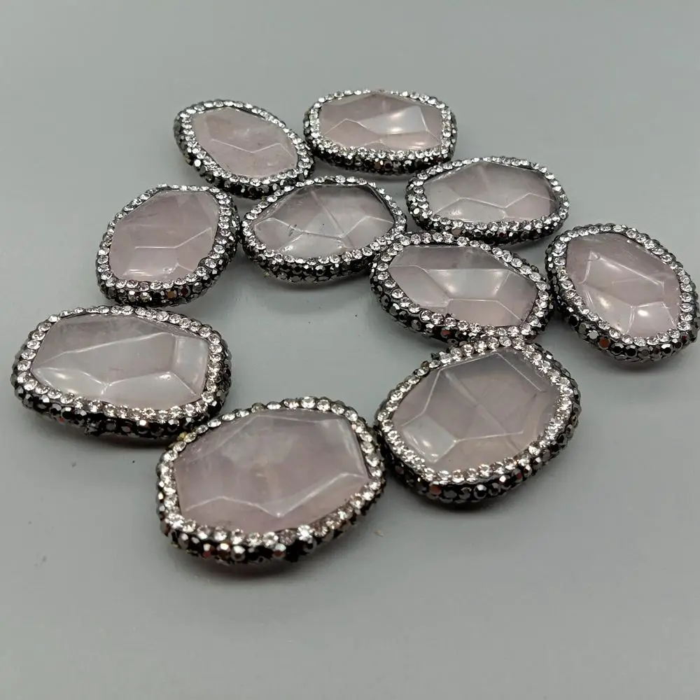 10 Pcs Natural Rose Quartz Black Rhinestone Pave Beads For Women Jewelry Finding Making Accessories