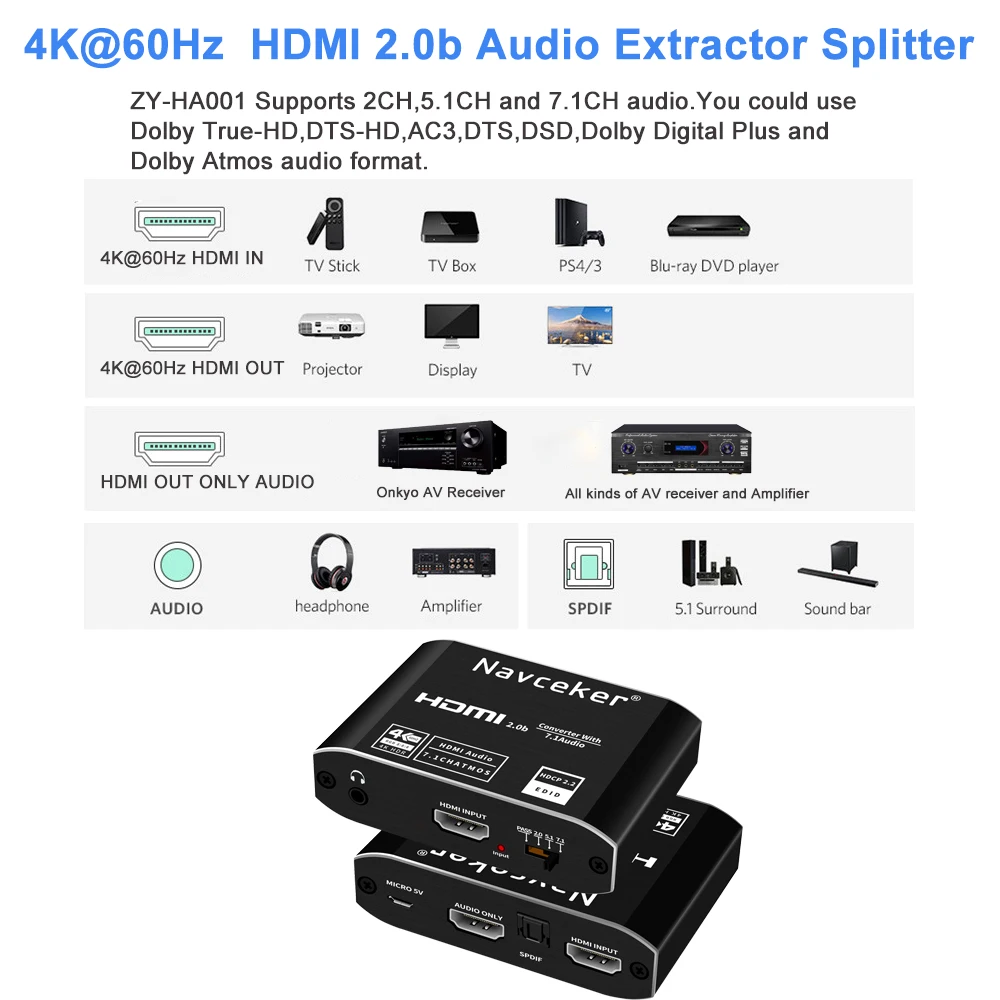 4K HDMI إلى RCA مستخرج الصوت SPDIF HDMI محول صوت محول AV RSA دعم 4K @ 60Hz RGB 8:8:8 HDCP 2.2 3.5 مللي متر جاك Toslink