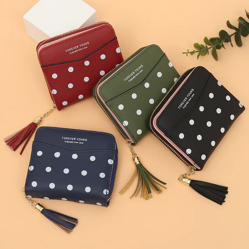 

1pc Fashion Short Women Wallets Small Cute Polka Dot Stitching Purses Zipper Hasp Female Clutch Bag Card Holder with Tassel