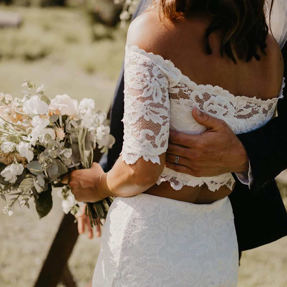 Fora do ombro rendas casamento separa vestido duas peças personalizado mangas curtas colheita topo sereia praia boho jardim vestidos de noiva