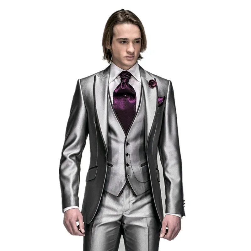 

SZMANLIZI MALE COSTUMES 2022 New Style Shiny Silver Peaked Lapel Groomsmen Best Man Wedding Suits For Men Slim Fit Groom Tuxedos