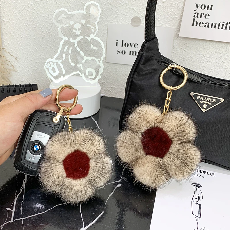 2020 Imported Mink Hair Flowers Leather Hanger Sunflower Women's Bag Hanging Ornament Little Sakura Plush Car Key Ring