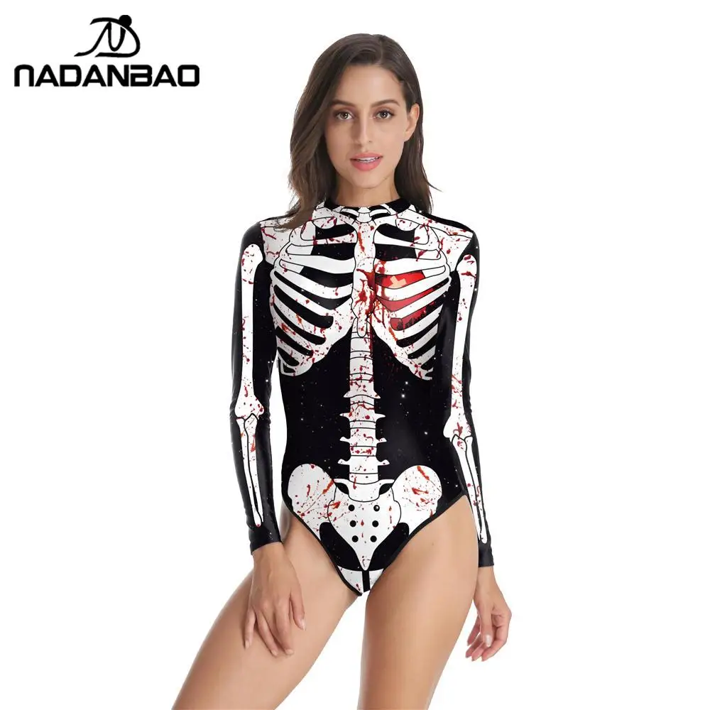 NADANBAO Swimsuit Women Long Sleeve Halloween Sexy One Piece Swimsuit Printed Sport Swimwear Beach Party Swimming Suit