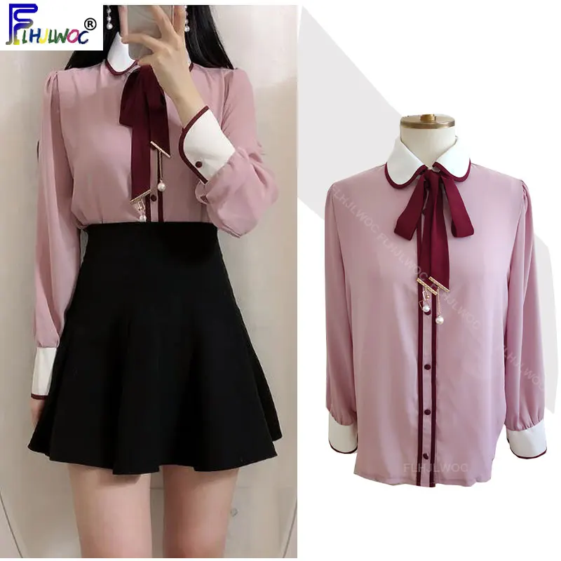 2022 Spring Summer Cute Bow Tie Tops Women Long Sleeve Korea Japanese Preppy Style Formal White Button Shirts Blouse 1221