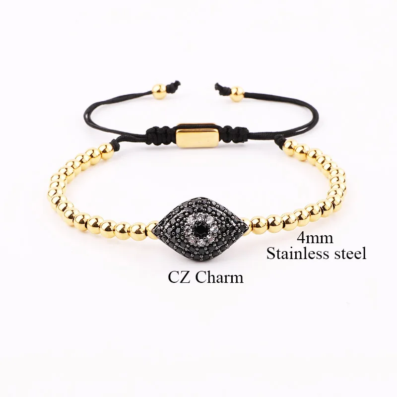 Classic Anil Arjandas Design Stainless Steel Beads CZ Pave Eye Charm Adjustable Macrame Bracelet Bangle Set For Men