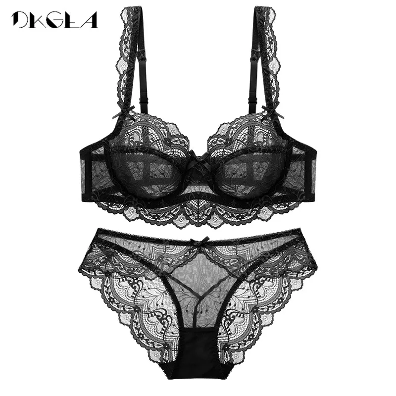 Ultrathin Bra Panties Sets Transparent Brassiere Sexy Underwear Set Plus Size D E Cup Embroidery Women Lingerie Set Lace Bras