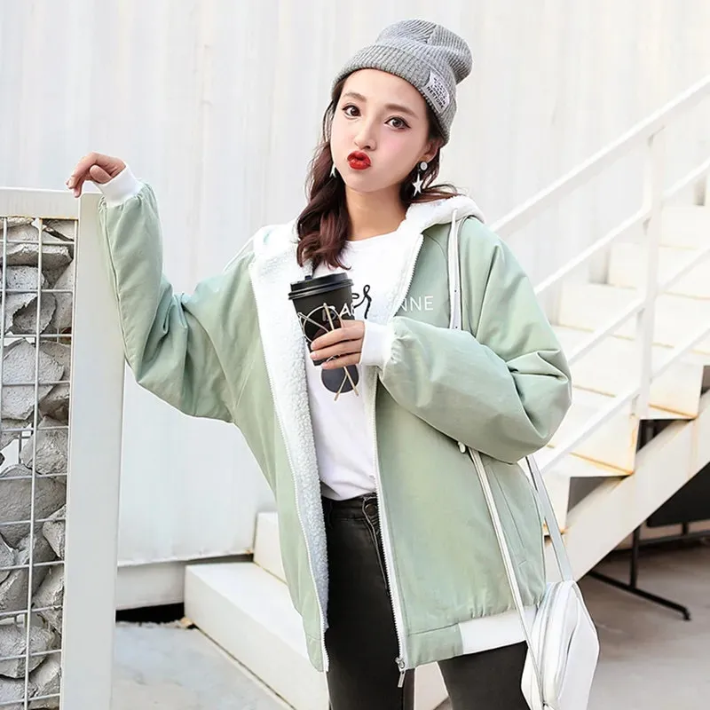 Add  Velvet Women's Coat Winter Clothes New Thicken Ladies Cotton Clothes Student Jacket Imitate Lamb Hair Baseball Uniform