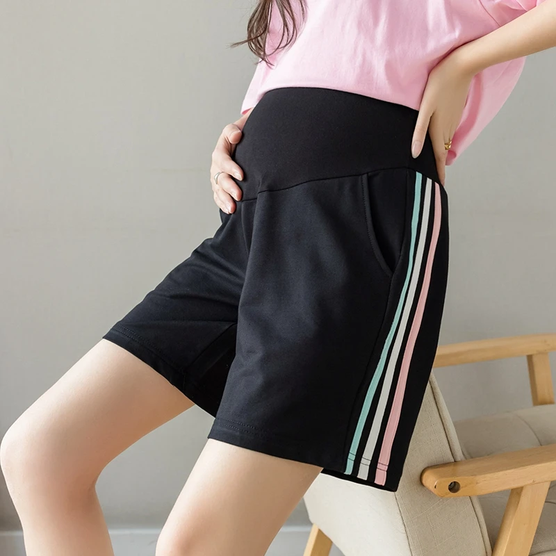 Pregnant women's new summer wide-leg outer wear striped five-point pants, cotton belly support fashion sports shorts