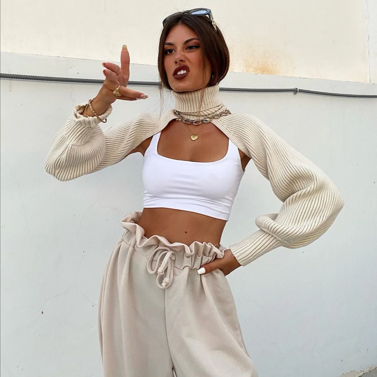 Women Sweater Tops Ladie Fashion Elegant Solid Color High Collar Long Puff Sleeve Knitwear Pullover for Women кофта женская