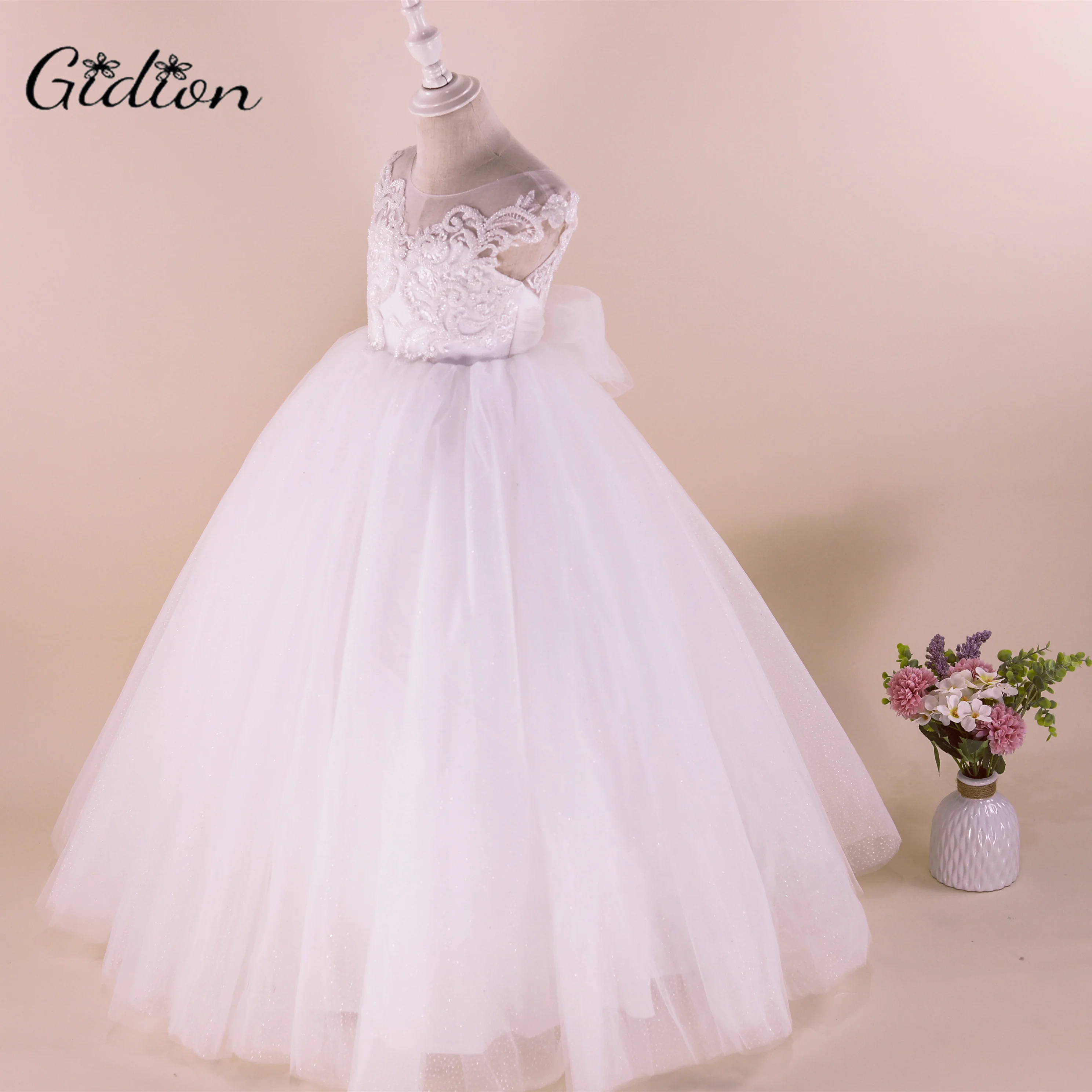 Elfenbein Brautjungfer Kleider Für Mädchen Kinder Hochzeit Abendkleid Spitze Bogen Blume Mädchen Geburtstag Party Kleid Kinder Prom Kleidung