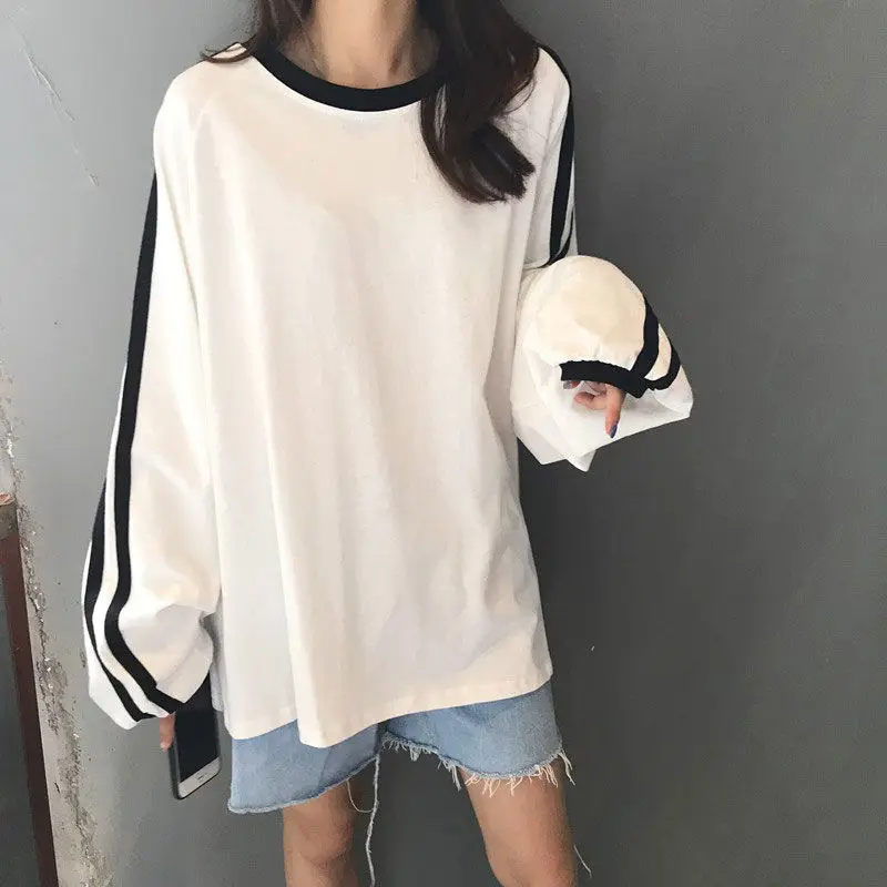 Long Lantern Sleeve T-shirts Women Breathe Spring Korean Style Patchwork Mujer All-match Casual Tops College Simple Daily Tees