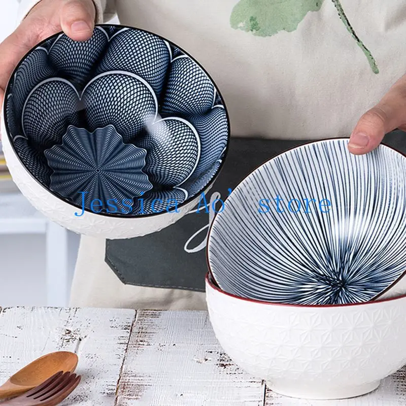 

15cm Large Noodle Bowl Ceramic Beautiful Embossed Relief Dessert Bowl Non-slip Mixing Bowl Set Big Salad Bowls for Kitchen