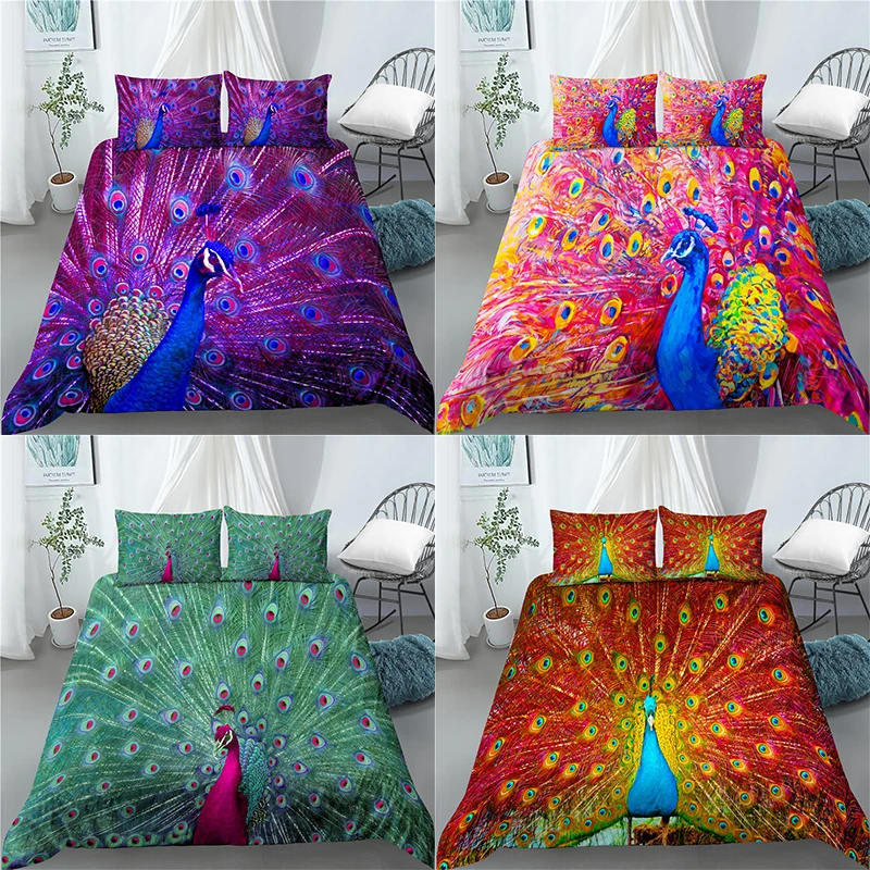 Home Living Luxury 3D Peacock Print 2/3Pcs Comfortable Duvet Cover PillowCase Bedding Sets Queen and King EU/US/AU Size