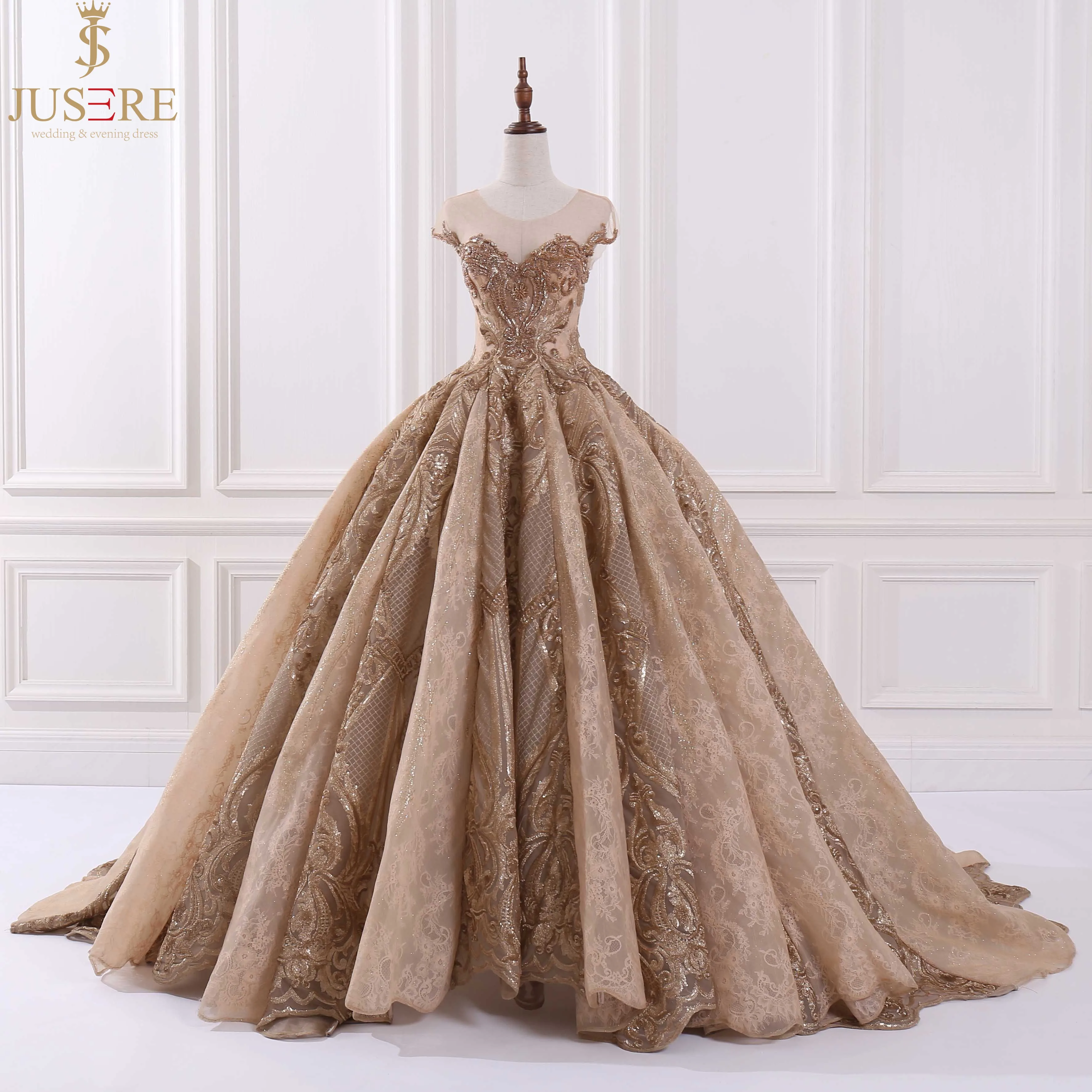 ราคาแพงสีทอง Puffy Ball Gown สไตล์อาหรับ Jusere จริงหรูหรา Ball Gown เลื่อมชุดราตรี2021