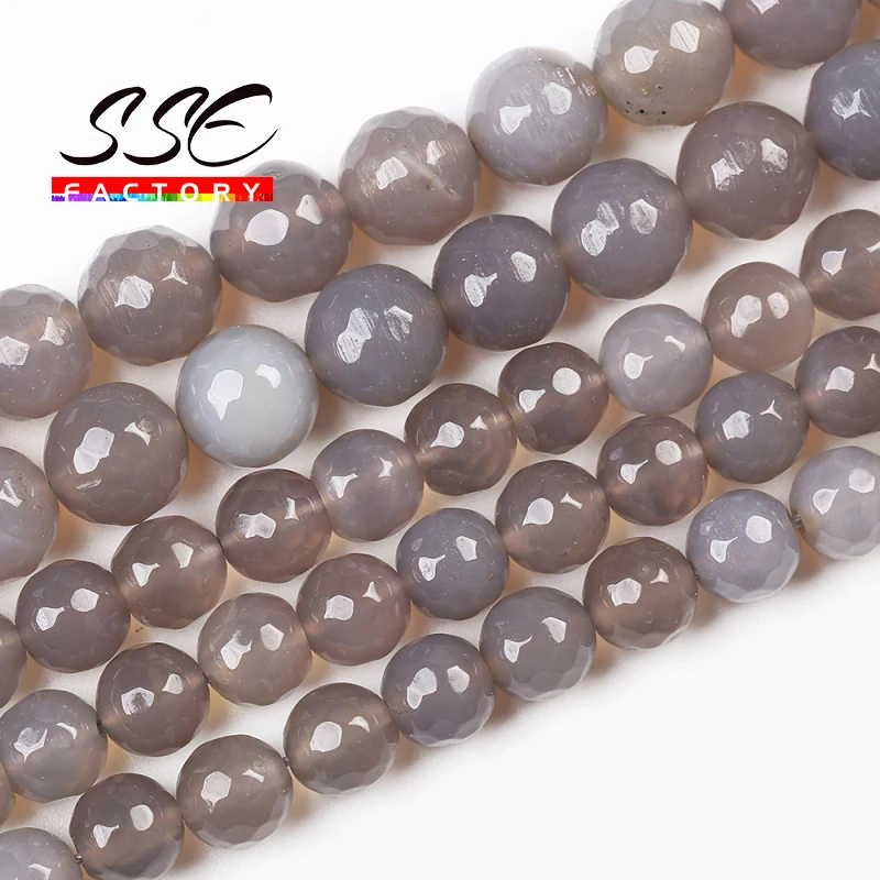 Natural Gray Agates Round Loose Beads Faceted Stone Beads 15\