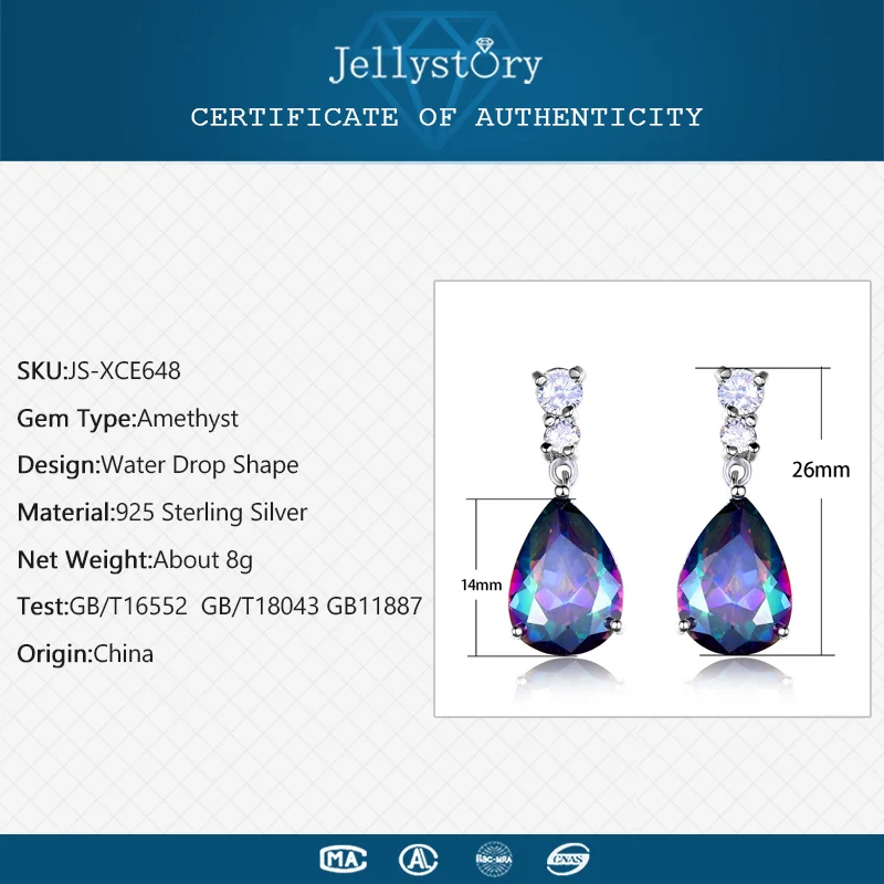 Jellystory Vintage 925 silver Earrings with Water drop Shaped Amethyst Emerald Ruby Gemstones Earrings for Women Wedding Gifts