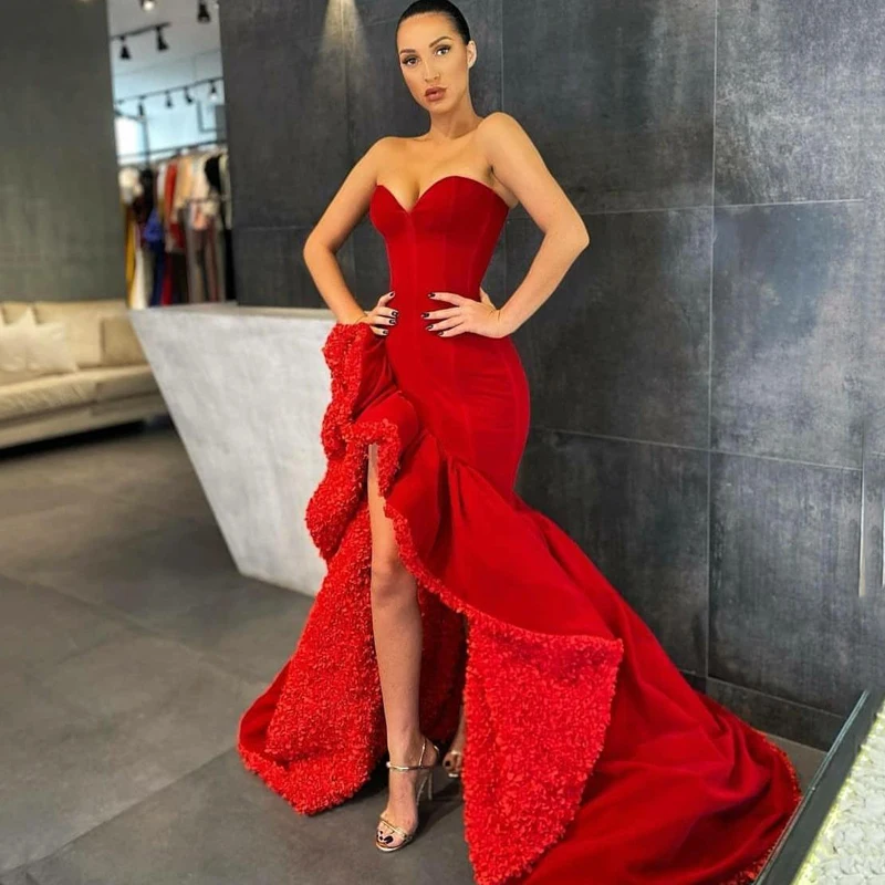 Vestidos De graduación De sirena roja con volantes, abertura lateral, escote Corazón, vestidos De noche formales, Vestido De Novia para ocasiones especiales