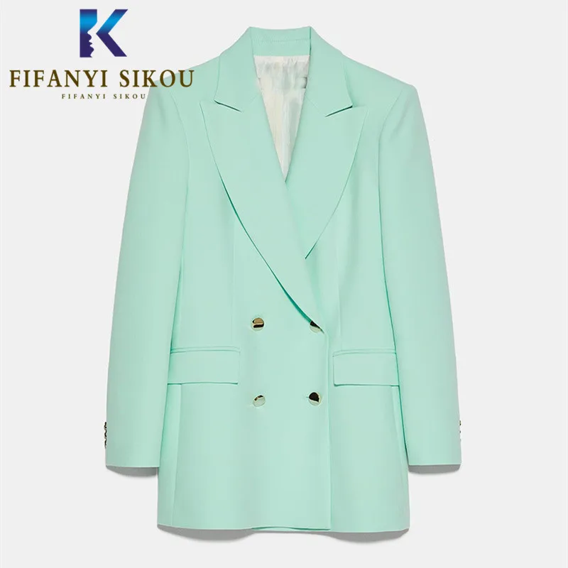 Mint Green Stylish Blazer Jacket Women Double Breasted Notched collar Casual Suit Jacket Elegant Lady Spring Summer Blazers Coat