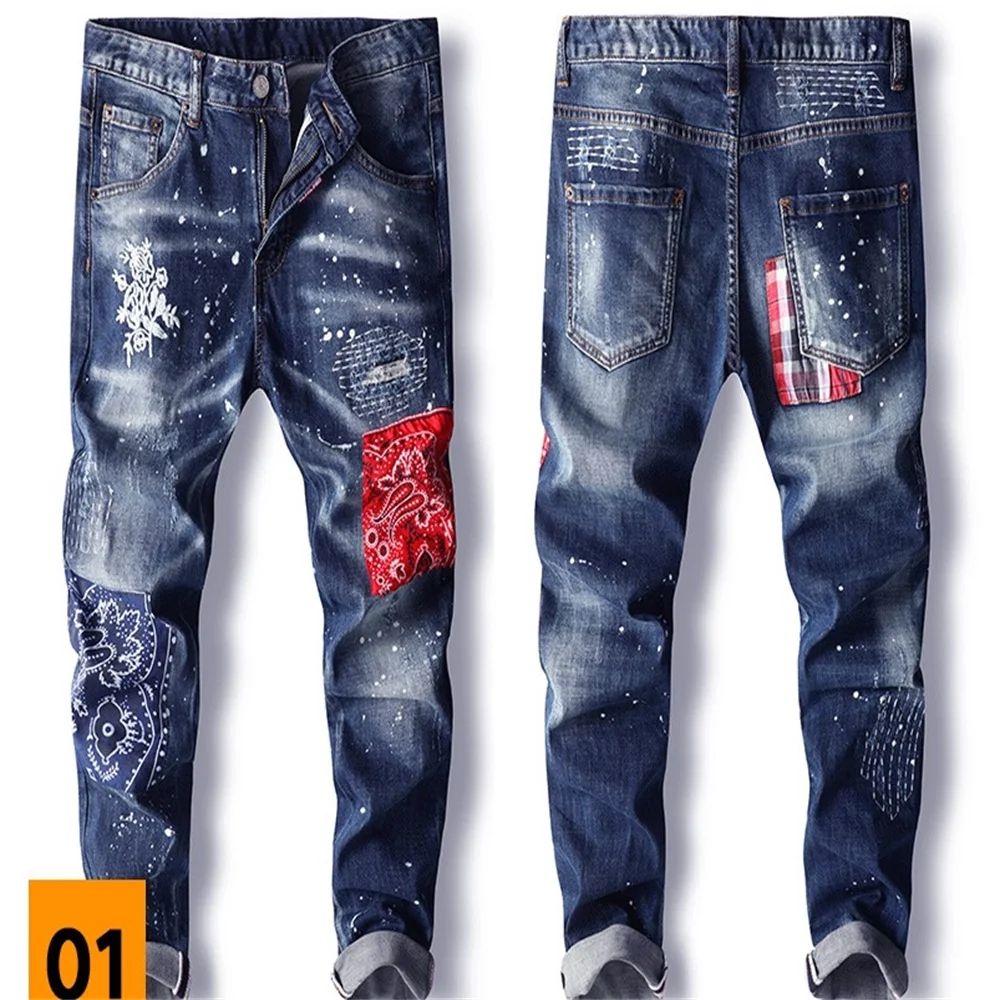 EH·MD® Embroidered Patch Jeans Men's Painted Ripped Hole Ethnic Style Decoration Micro Chapter Scratched Cotton Slim Pants Plaid