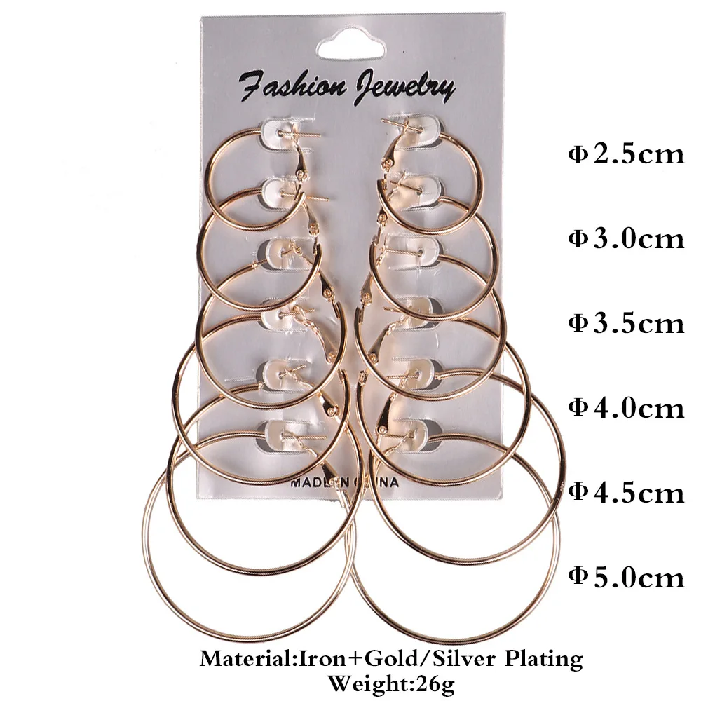 SOMESOOR Silver Golden Colors Simple Punk Hoops Earrings Big Circle Fashion Hiphop Loops Jewelry For Women Girls Gifts 6Pairs