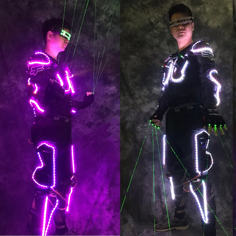 led light up costumes Ballroom dance luminous robot suit glasses green laser cloth dancer dj stage show laser gloves costume