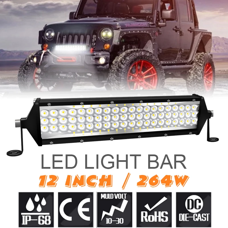 

Universal 5 Row 12 Inch 264W LED Light Bar Waterproof Off Road Driving Led Work Light Spot Flood Combo Beam for Car Tractor Truc