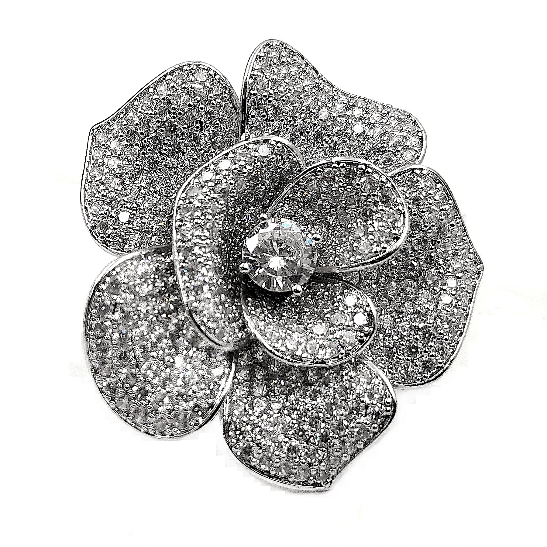 Shiny Stylish Silvertone Full Micro Pave CZ Blossom Clear White Flower Brooches Pins Women Wedding Bouquet Dress Gown Accessory