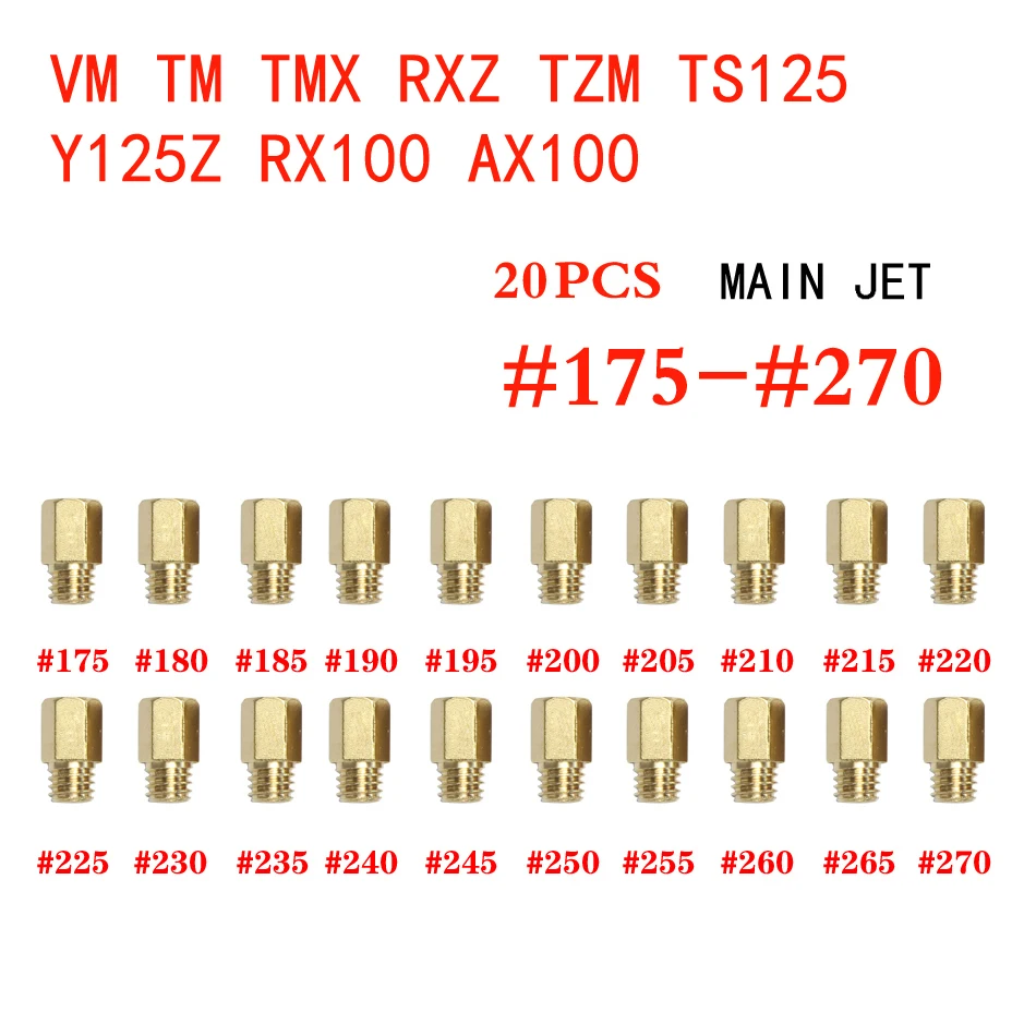 Ready Stock Hex Type Main Jets for MIKUNI VM/TM/TMX/RXZ/TZM/TS125/Y125Z rx100 ax100 tm24 27 28Carburetor 20x70-170 175-270