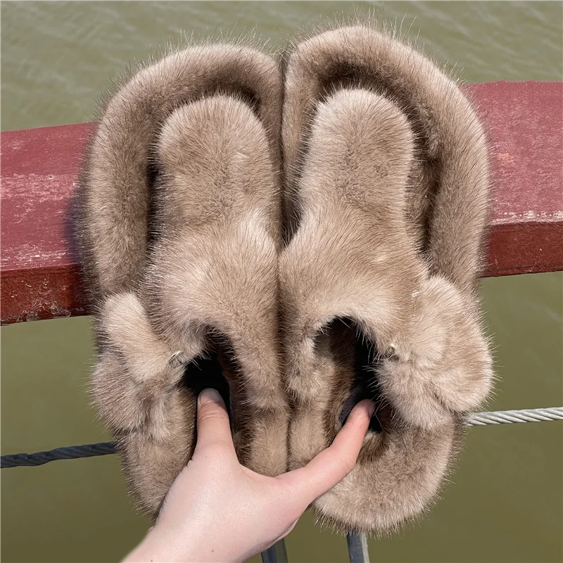 Luxury 100% Real Mink Fur Slippers For Women Shoes Ladies Slippers Women\'s Casual Real Fur Slides Flip Flop Flat Femme Shoes