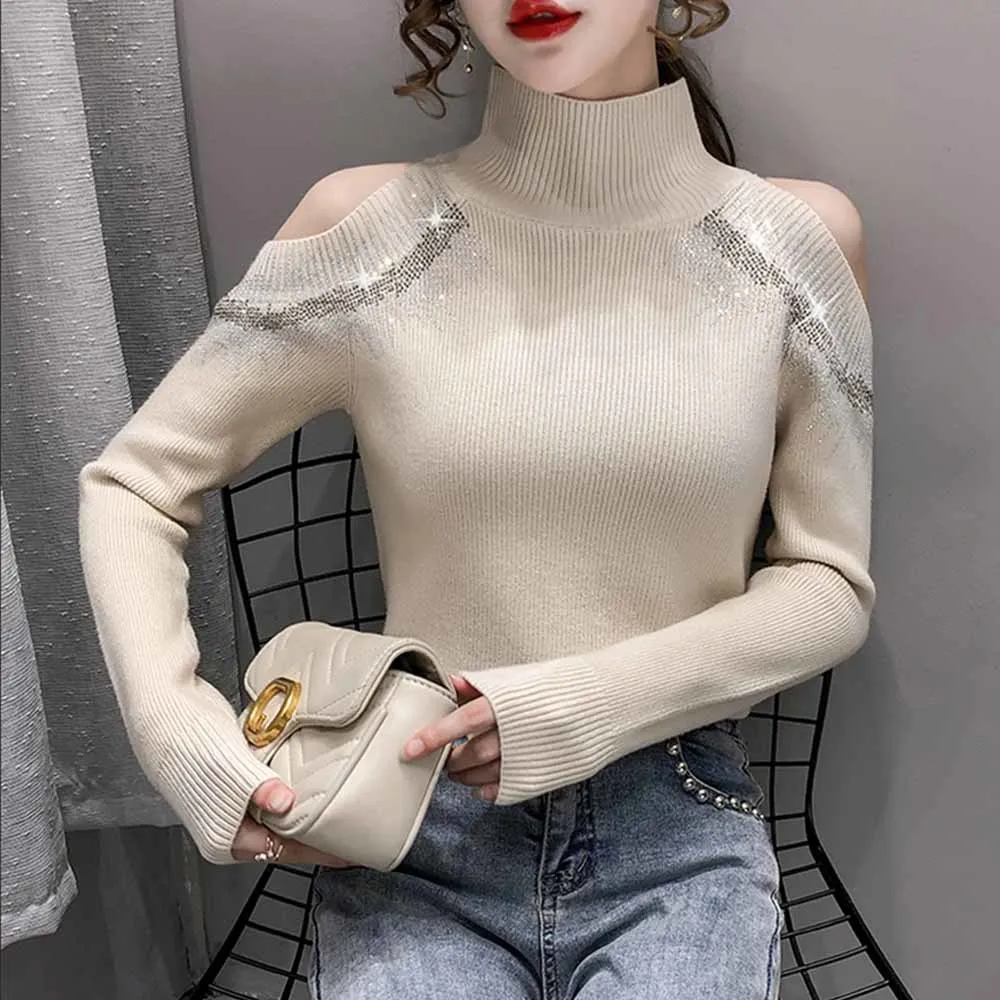 2022 autunno inverno dolcevita maglione pullover foratura a caldo Off-spalla donne Sexy manica lunga Top lavorato a maglia