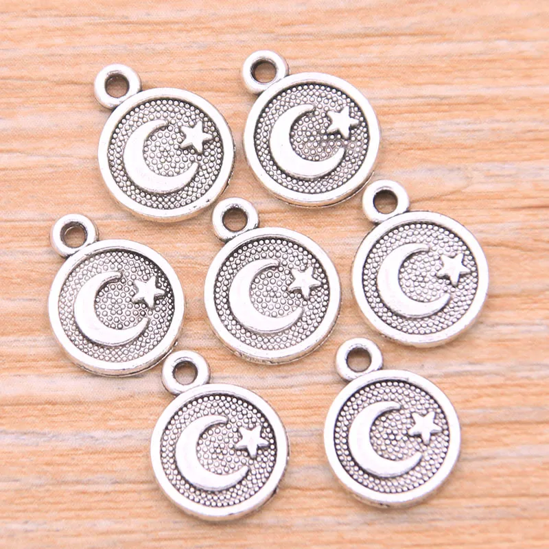 

PULCHRITUDE 60Pcs 9*12mm Small Round Charms Moon Star Pendant Metal Alloy For DIY Jewelry Bracelet Necklace Marking