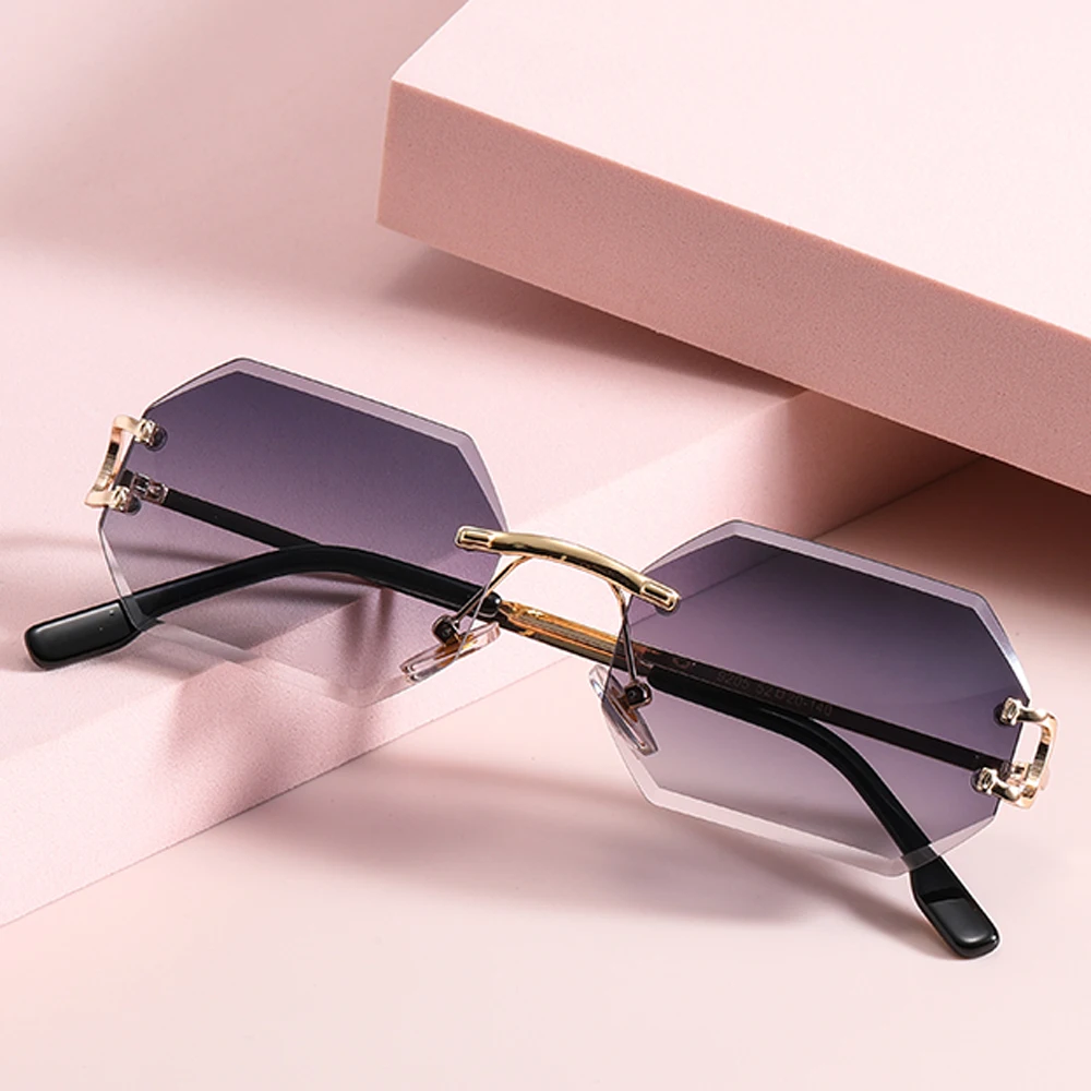 Kachawoo achteckige Sonnenbrille, randlos, Metall, für Herren, modische Sonnenbrille, für Damen, rechteckig, rahmenlos, blau, braun, rosa, europäischer Stil – Detail 1