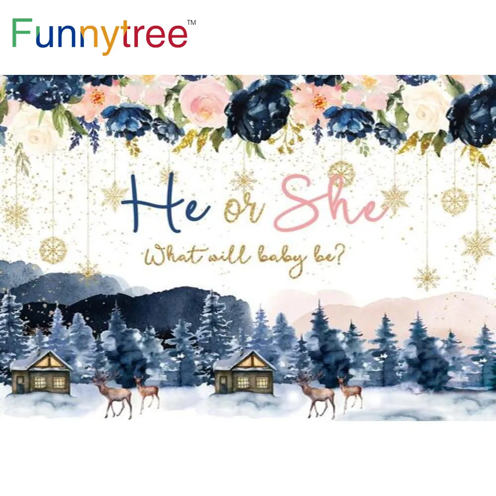 Funnytree He or She Baby Shower Gender Reveal Party Backdrop Gold Dots Winter Snowflake Flowers Forests Photozone Background