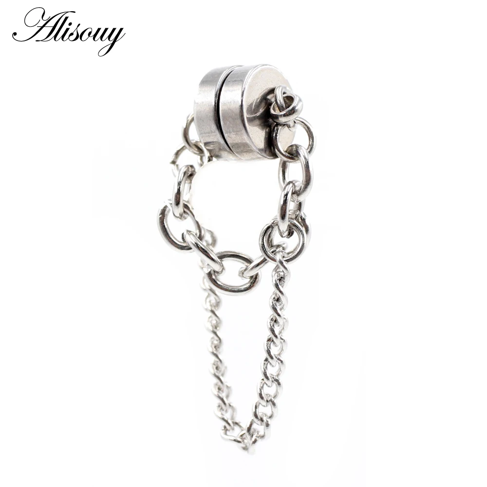 Alisouy 2pcs Punk Strong Magnet Magnetic Chain Pendant Stainless Steel Women Men Round Ear Stud Earring Non Piercing Jewelry