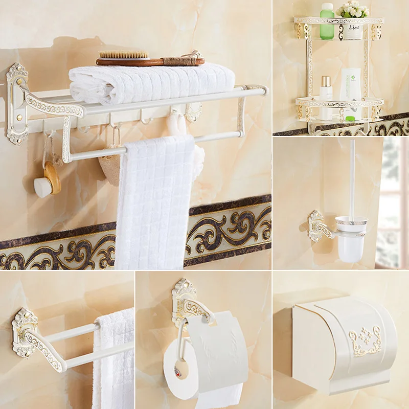 Bathroom Hardware Set Towel Rack Paper Holder Towel Bar Corner Shelf Toilet Brush Soap Basket Gold & White Bathroom Accessories