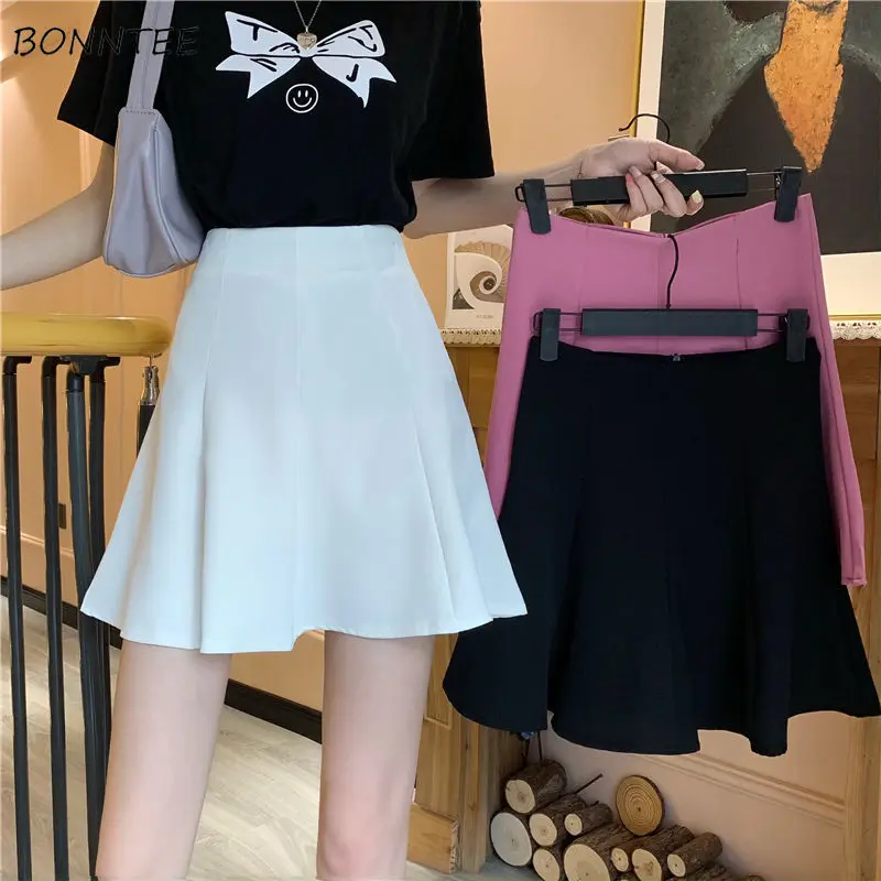 

Skirts Women Summer Fashion All-match Pleated Pure Color High Waist Korean Style Mini Cute Girls Simple Jupe Female Leisure New