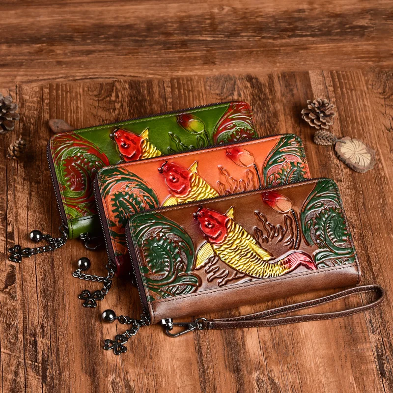 

Johnature Hand Wallet Retro Embossed Genuine Leather Women Clutch Wallets Card Holder 2024 New Leisure Cowhide Phone Purse