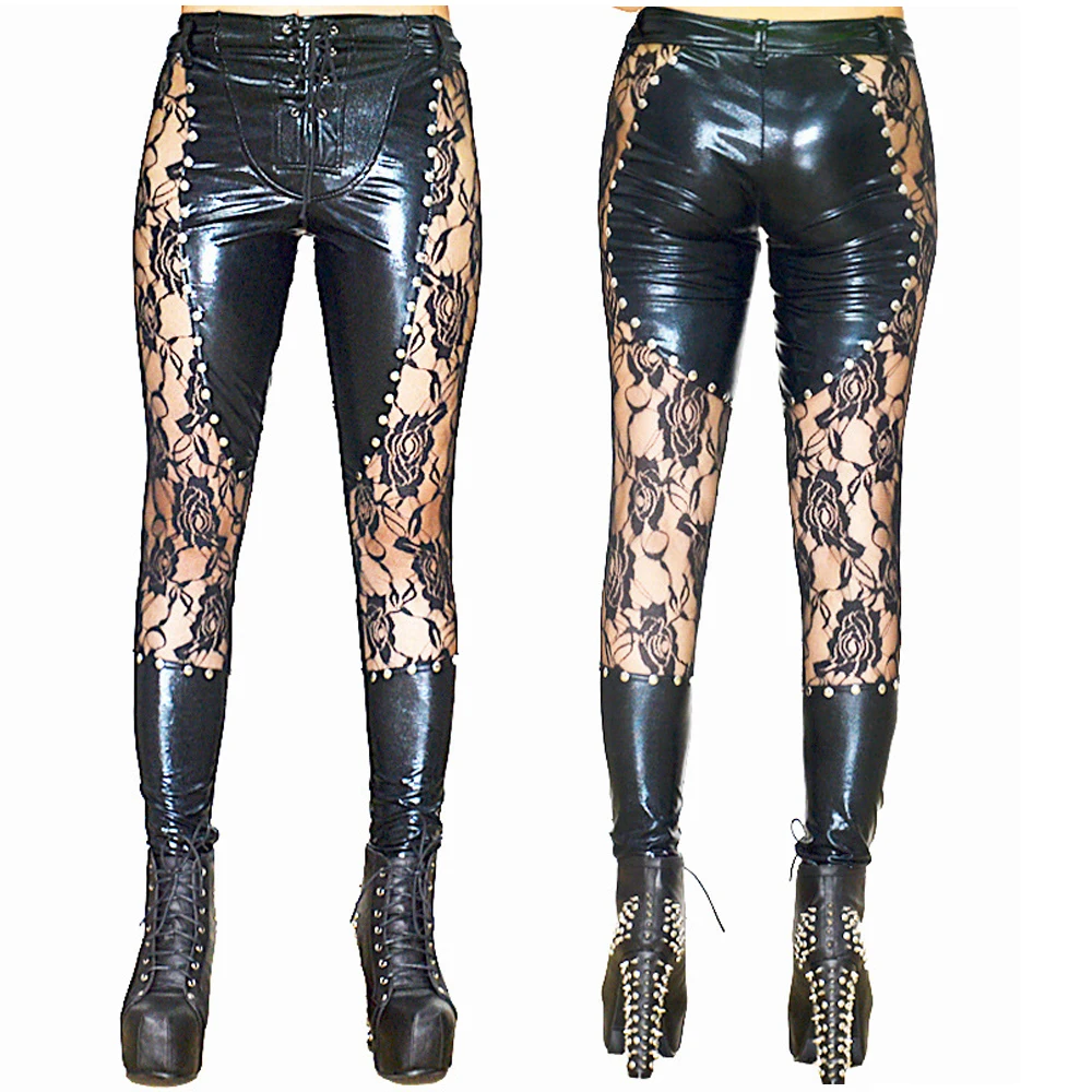 

Black Sexy Latex Faux Leather Women Pants Lace Up Trousers Tights Leggings Clubwear Fetish Wear Fashion Pants Sex Lingeries