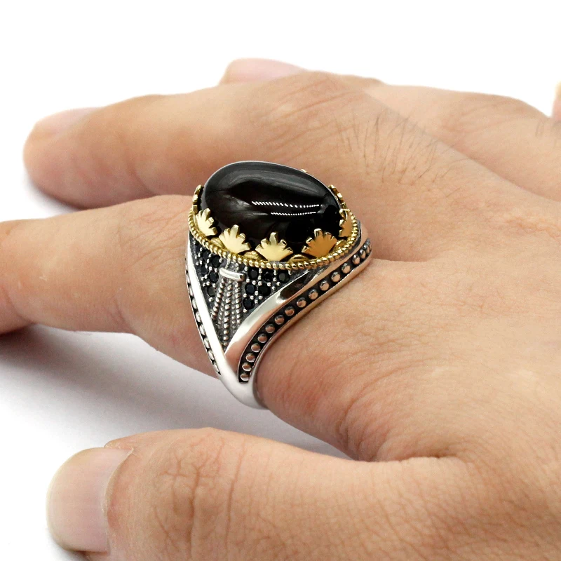 Guaranteed Silver S925 Mens Rings Simple Design Turkish Ring For Man With Marine Agate Stones Oval Shape Onyx Turkey Jewellery