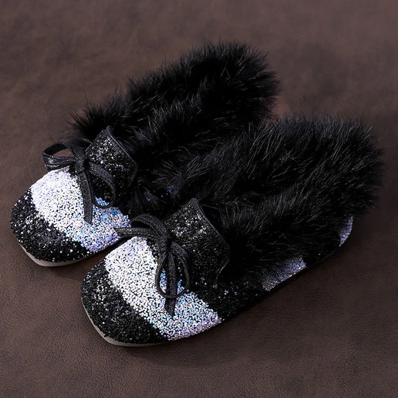 Winter Kids Shoes for Girls Furry Fur Shoes Princess Plush Warm Flat Boots Sequins Fashion Baby Girl Shoes Children CSH987