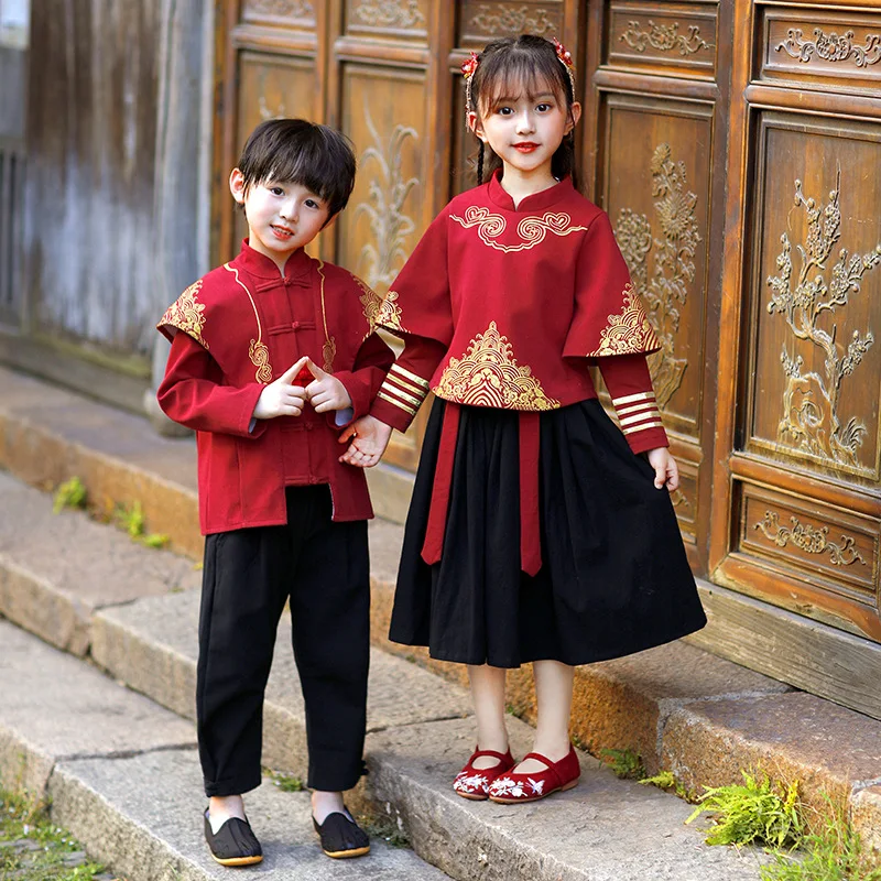 Chinese Lovely Tang Suit Boys Hanfu Embroidery Cotton Children Perform Costumes Girls Traditional Photography Clothing