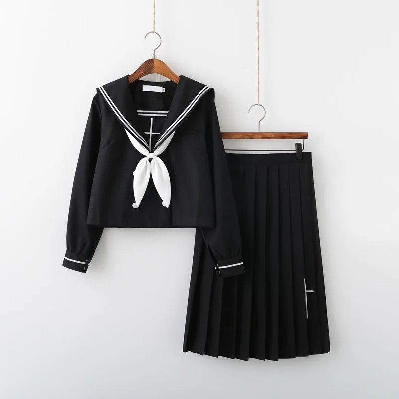 Cross Embroidery School Uniform High School Girl Sailor Suits Cosplay Costume Black Short Long Sleeve Japanese Anime Uniforms