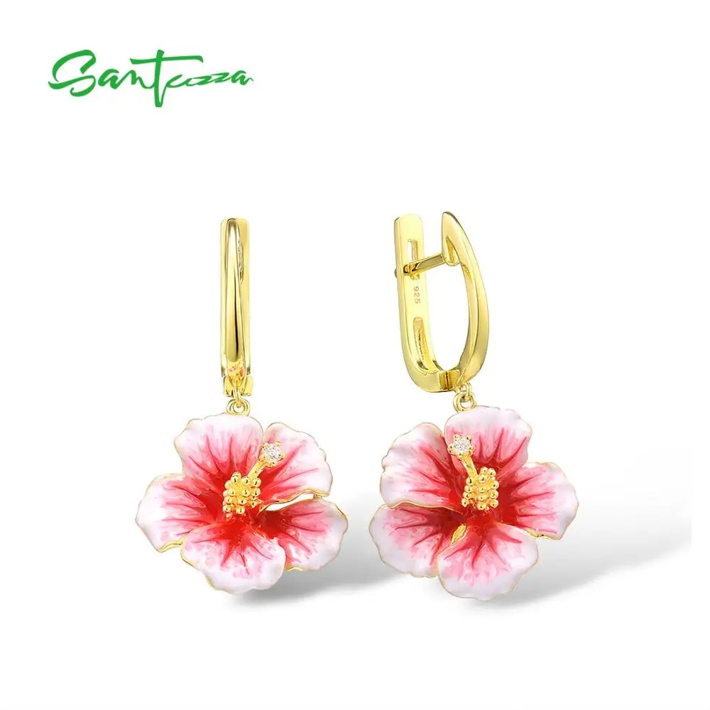 SANTUZZA Silver Earrings For Women Genuine 925 Sterling Silver Pink Blooming Flower Drop Earrings Fine Jewelry Handmade Enamel